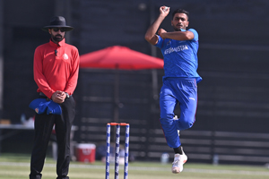 Khalil Ahmad on his delivery stride in his debut game for the AfghanAbdalyan lineup