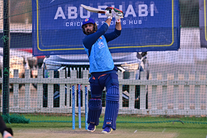 Mohammad Nabi plays a lofted shot in the nets