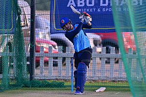 Rahmanullah Gurbaz plays a lofted shot in the nets