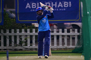 Rashid Khan plays a straight lofted shot during the net session