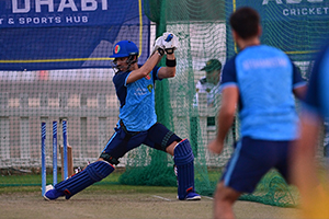 Rahmanullah Gurbaz plays a delightful cut shot in the nets