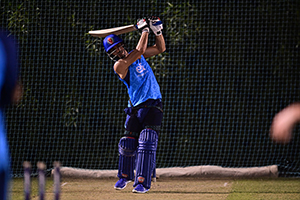 Rahmanullah Gurbaz plays a lofted drive in the nets ahead of the Bangladesh Series