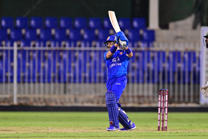 Rahmanullah Gurbaz plays a lofted shot down the ground