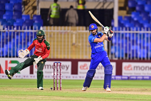 Ibrahim Zadran plays one through the off-side in the second T20I