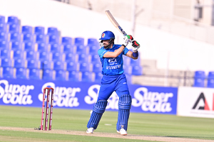 Ibrahim Zadran plays the ball through the off-side