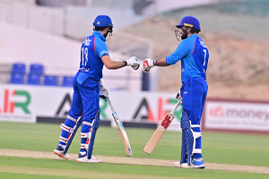 Ibrahim Zadran (left) and Mohammad Nabi (right) batting together in the second ODI
