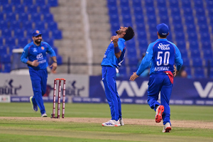 Bilal Sami celebrats agter taking a wicket in the third ODI